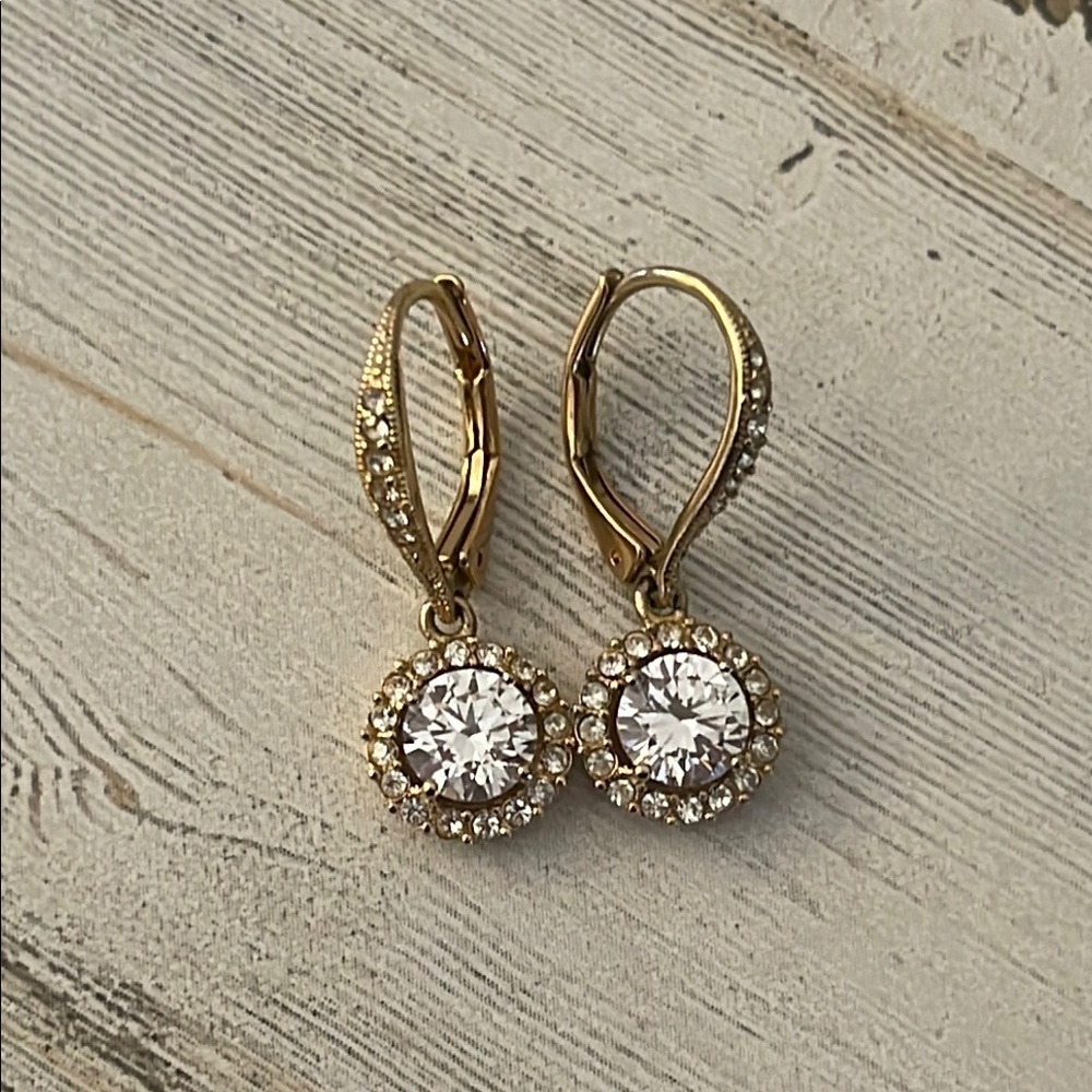 Nadri Framed Round CZ Halo Drop Earrings Gold Leverback - Picture 4 of 8